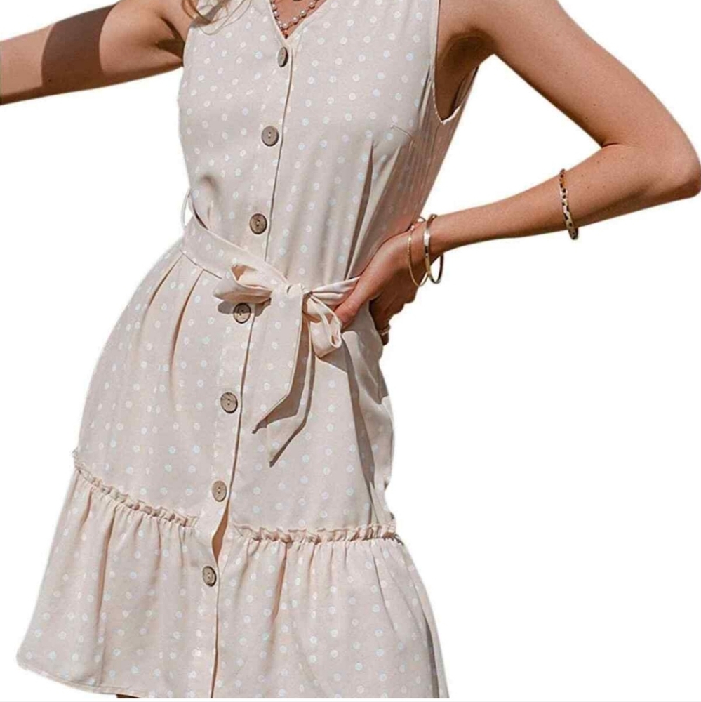 Simplee Boho cream with white polka dots dress, size large, NWT